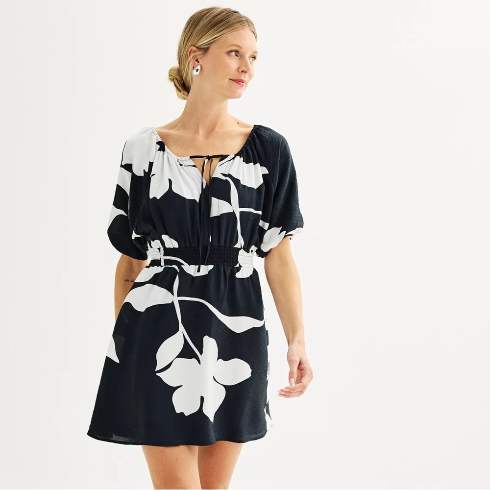 Nine West Tie Neck Puff Sleeve Cinched Mini Dress